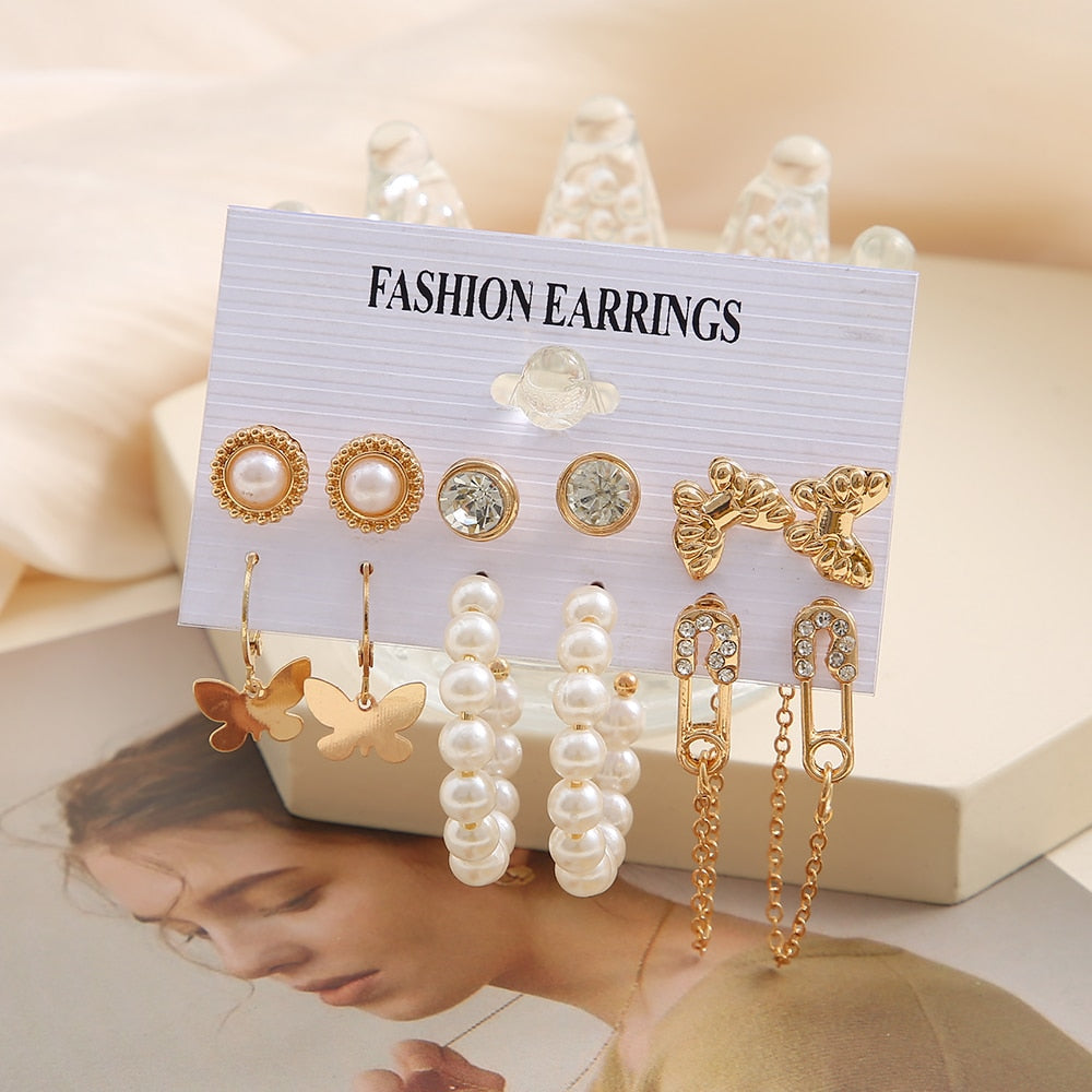 33 Styles 5-9Pairs Set Drop Hoop Earrings Set Acrylic Pearl Tassel Fashion Women