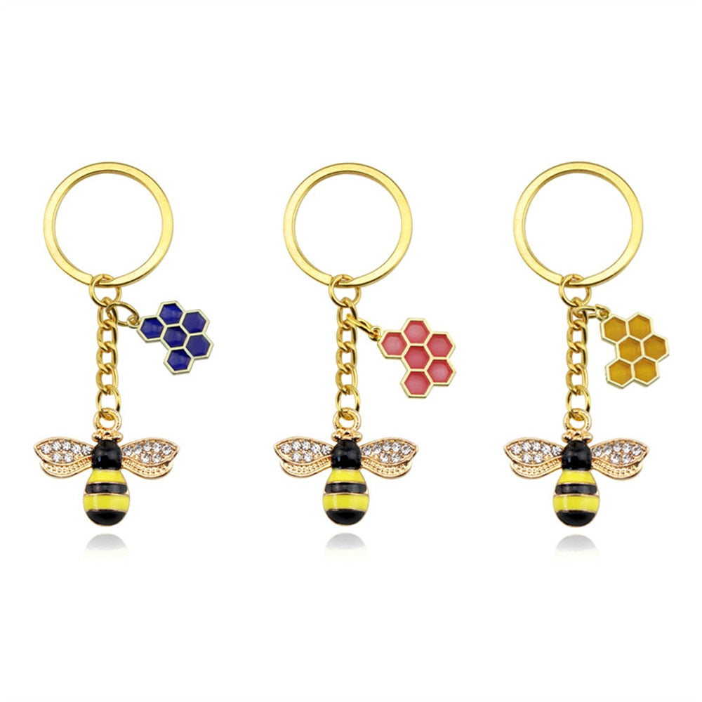 6 Styles Alloy Drip Oil Rhinestone Bee Keychain Hexagon Honeycomb Charms Key