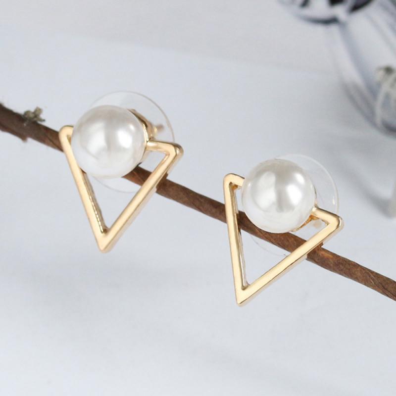 Triangular Pearl Stud Earrings Simple Style Hollow Triangle Pearl Earrings