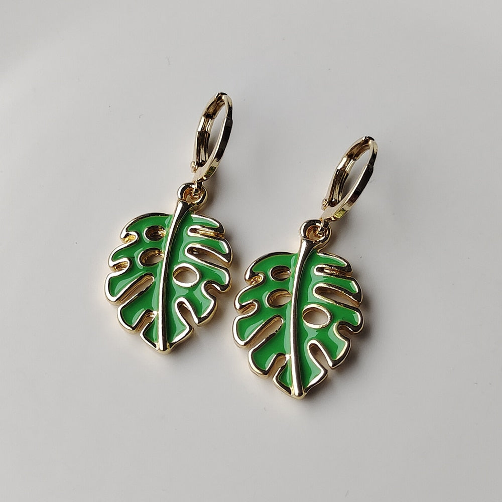 Green Tropical Leaf Drop Earrings Cartoon Ear Pendants Accessories Women Art