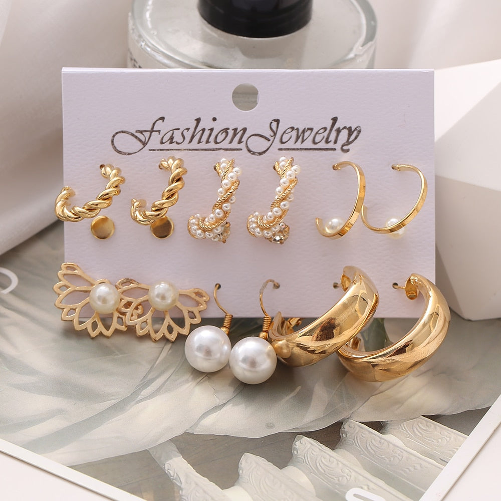 33 Styles 5-9Pairs Set Drop Hoop Earrings Set Acrylic Pearl Tassel Fashion Women