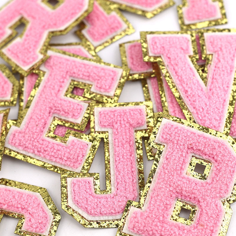 A-Z Pink Letters Alphabet Sequins Towel Embroidered Chenille Patches For DIY