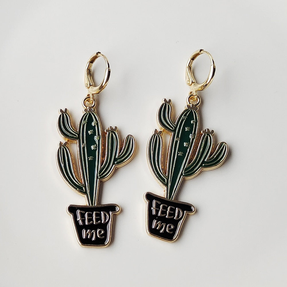 Feed Me Cactus Drop Earrings Cartoon Ear Pendants Accessories Women Art Jewelry