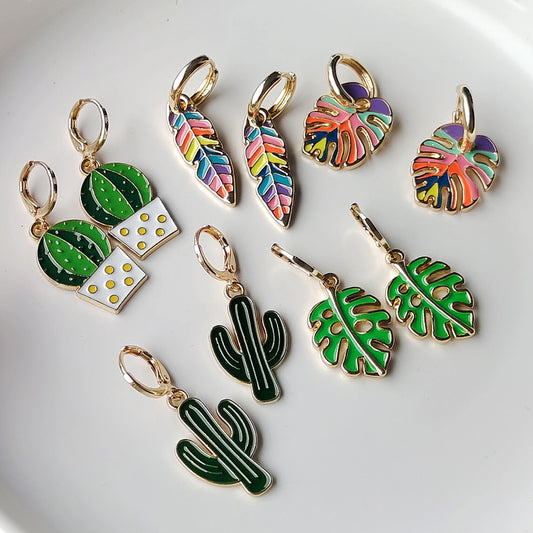 Brown Pot Cactus Drop Earrings Cartoon Ear Pendants Accessories Women Art