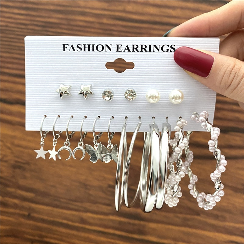 9pairs Moon Star Studs and Hoop Earrings Fashion Women Summer Party Jewelry