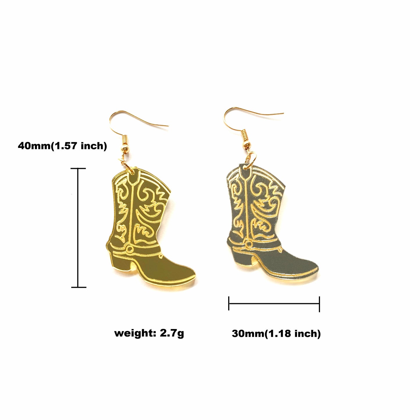 Mirror Laser Carved Pattern Cowboy Boots Dangle Earrings for Girls Women