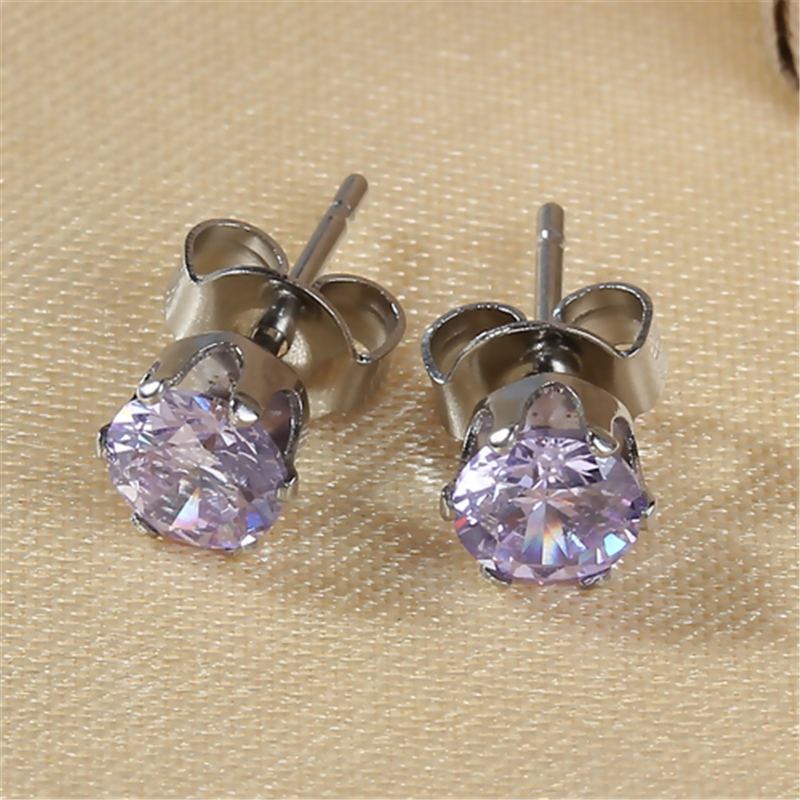 1 Pair Stainless Steel Cubic Zirconia Ear Post Stud Earrings Colorful Round