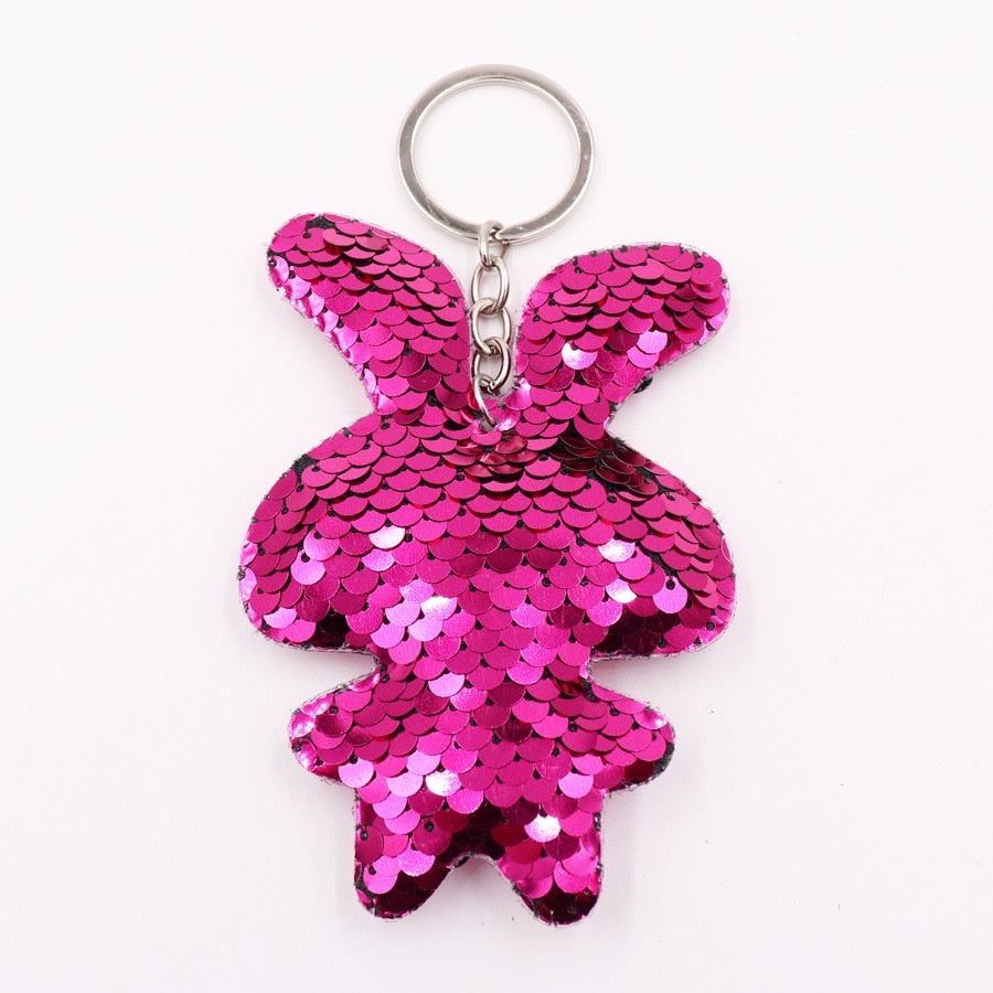 Hot Pink Bunny Sequin Keychain Sparkling Love Keyring Women Shoulder Bag Mobile