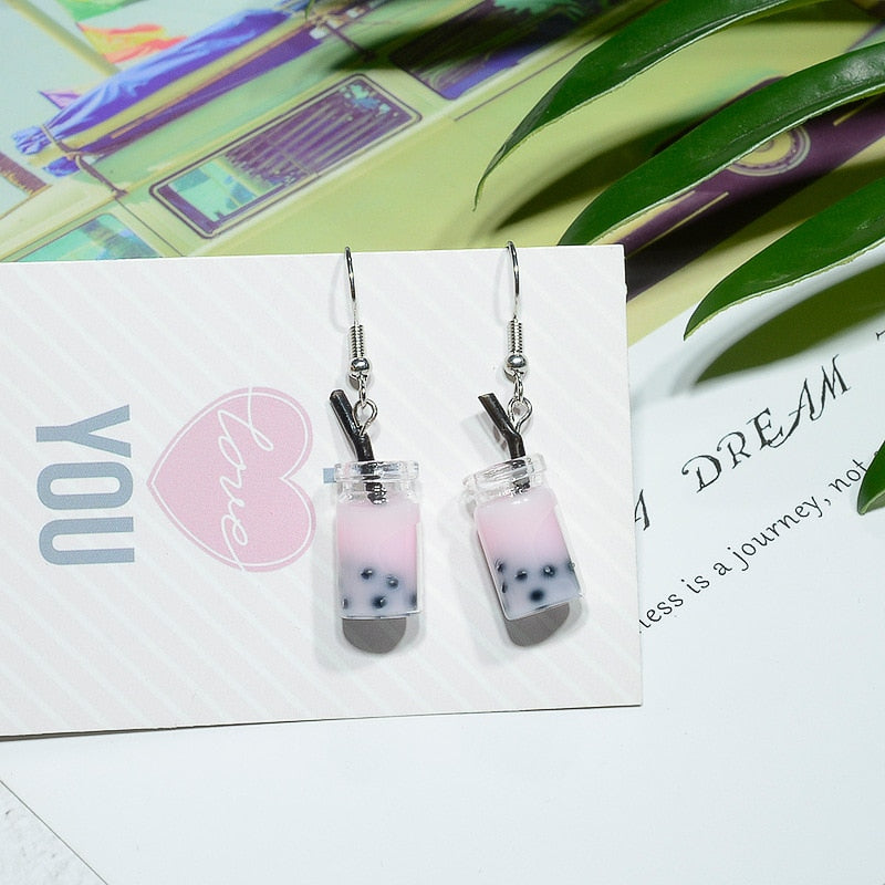 Light Pink Milk Tea Dangle Earrings for Girls Women Birthday Gift Lovely Jewelry