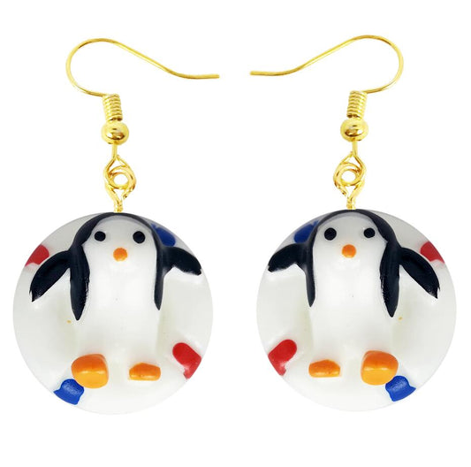 Penguin and Lifebuoy Ring Drop Earrings Cartoon Art Women Party Jewelry Ear