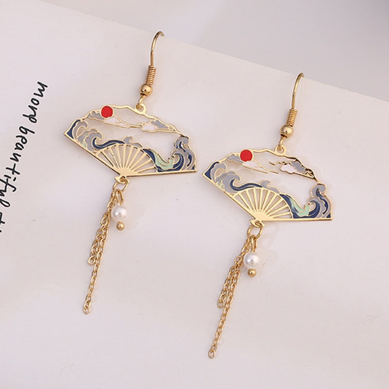 Japanese Fan Pendant Drop Earrings Women Party Wedding Jewelry Creative Gifts