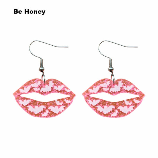 Glitter Pink Lip With Bat Acrylic Drop Earrings Fashion Women Summer Party