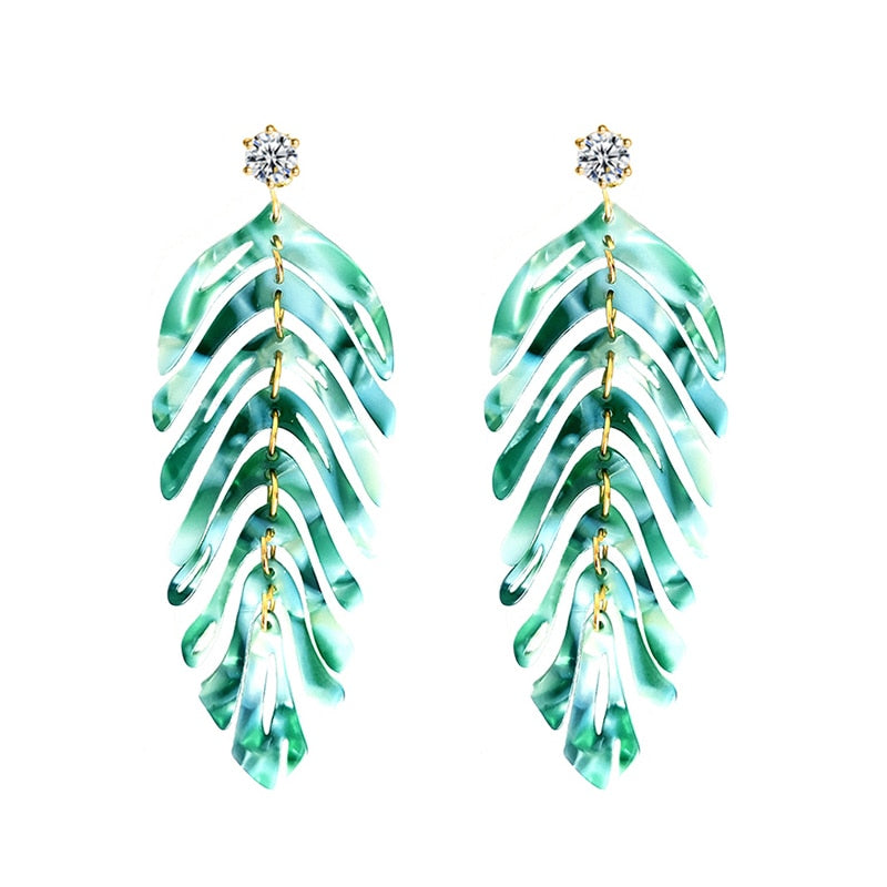 Green Marbled Palm Leaf Drop Earrings Cartoon Art Women Party Jewelry Ear