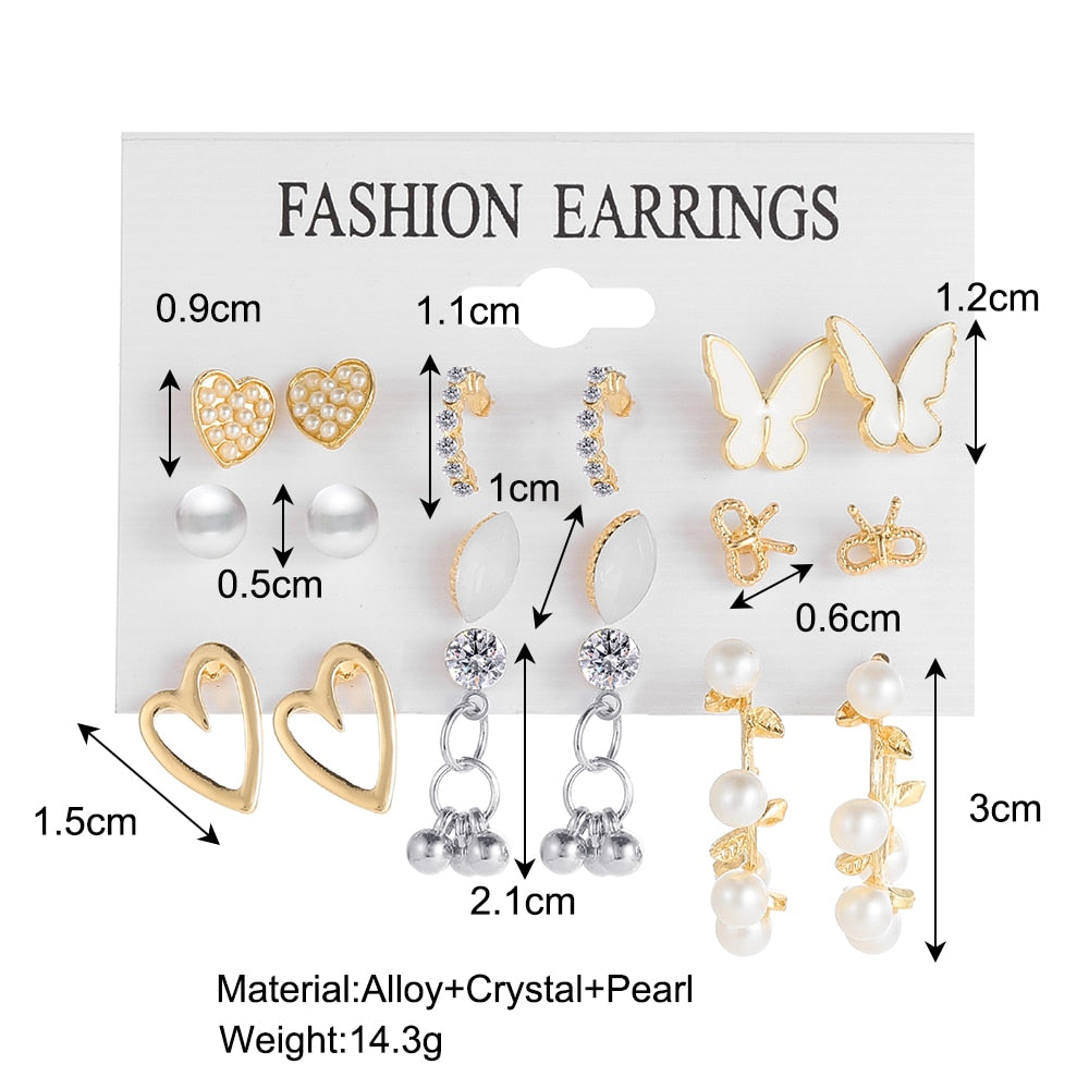 9pairs Set Bow Heart Pearl Stud Earrings Fashion Women Summer Party Jewelry