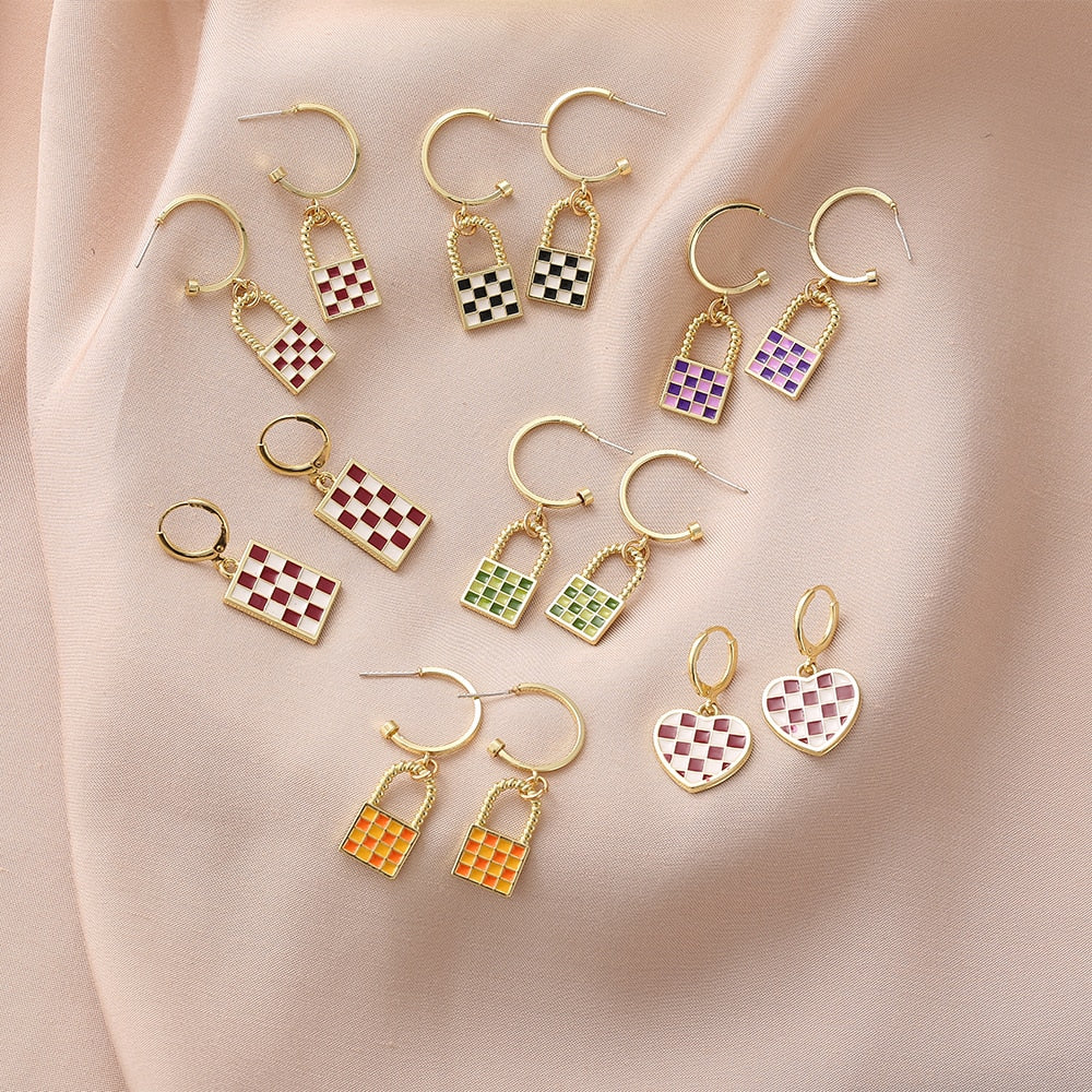 29 Styles Checkerboard Heart Lock Dangle Earrings Fashion Party Girls Pendant