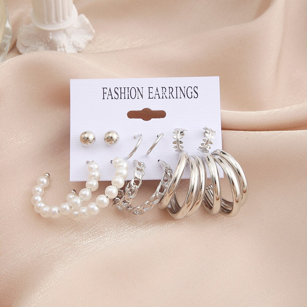6pairs Set Pearl Chain Pattern Hoop Earrings Fashion Women Summer Party Jewelry