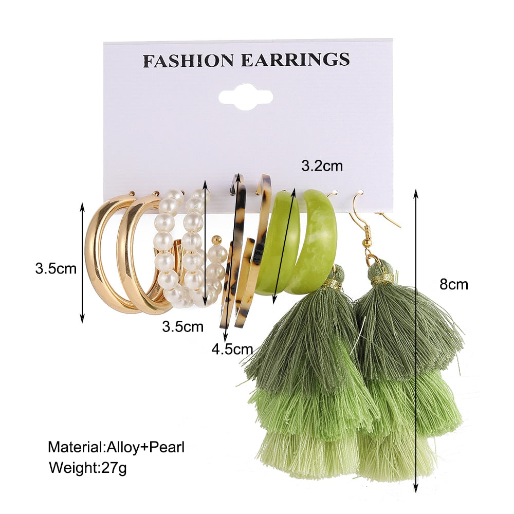 5pairs Green Ombre Tassel Drop Earrings Fashion Women Summer Party Jewelry Girls