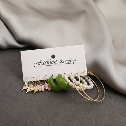 5 Pairs Faux Pearl Metal Green Hoop Earrings Set Fashion Women Summer Party