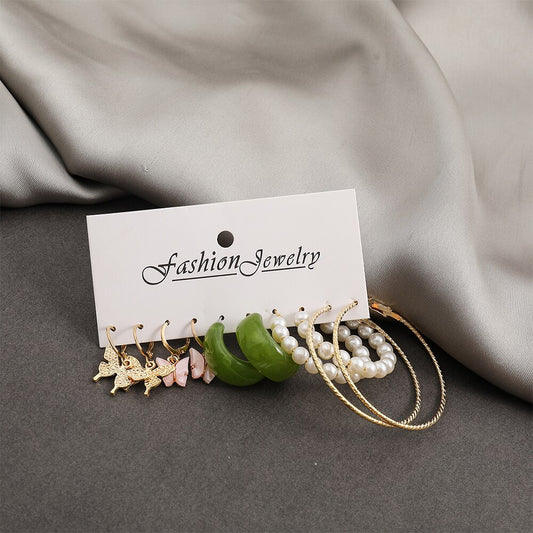 5 Pairs Faux Pearl Metal Green Hoop Earrings Set Fashion Women Summer Party