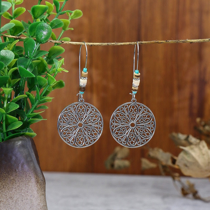 Retro Style Flower Mandala Drop Charm Earrings For Women Girl Fashion Modern