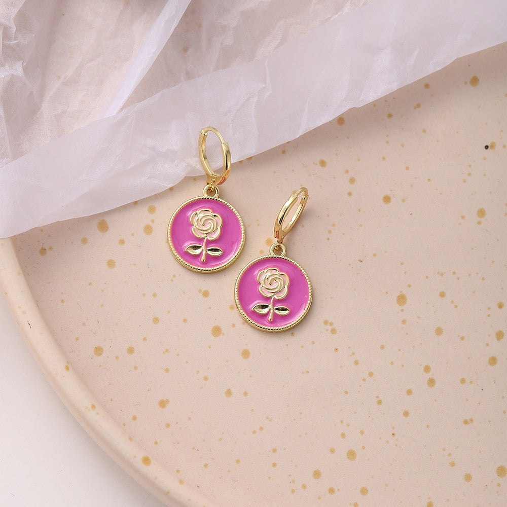 Pink Rose Dangle Earrings Fashion Party Girls Pendant Earrings Women Jewelry