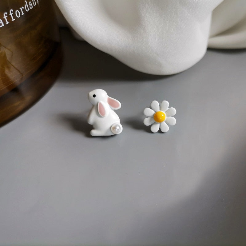 Rabbit and Flower Stud Earrings Women Party Wedding Jewelry Creative Gifts