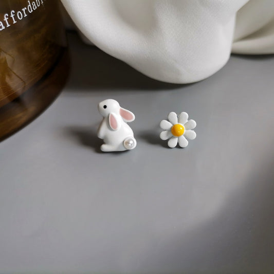 Rabbit and Flower Stud Earrings Women Party Wedding Jewelry Creative Gifts