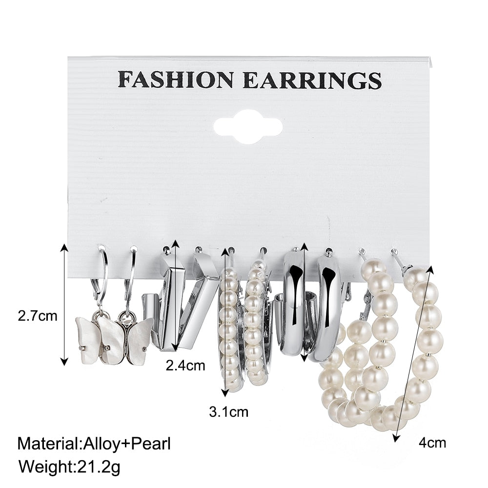 6 Styles 5-6 Pairs Set Butterfly Pearl Hoop Drop Dangle Earrings Trendy Women