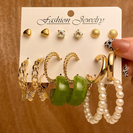 9 Pairs Set Chain Green Mini Stud and Hoop Earrings Fashion Women Summer Party