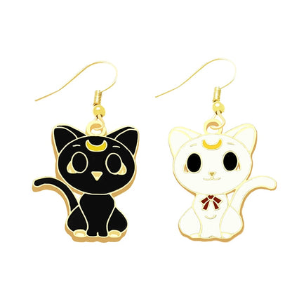 Black White Cat Drop Earrings Cartoon Ear Pendants Accessories Women Art Jewelry