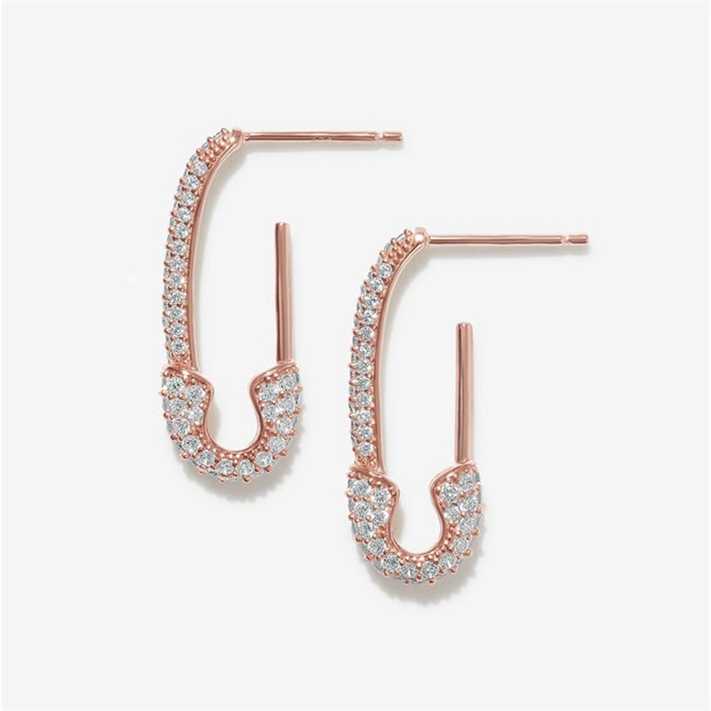 1pair Rose Gold Color Crystal Safety Pin Drop Earrings Fashion Women Summer