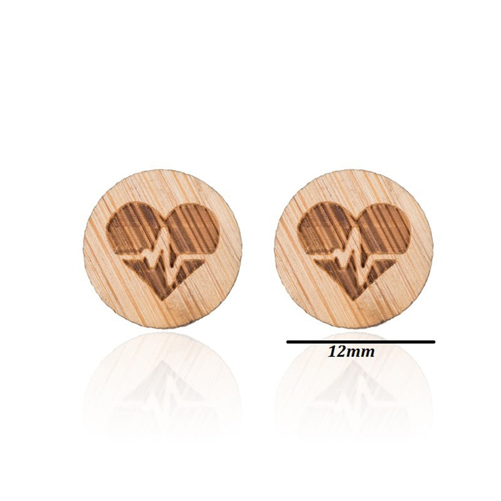 Wooden Heart Rate Lady Cute Stud Earrings for Women Jewelry Girls Earrings