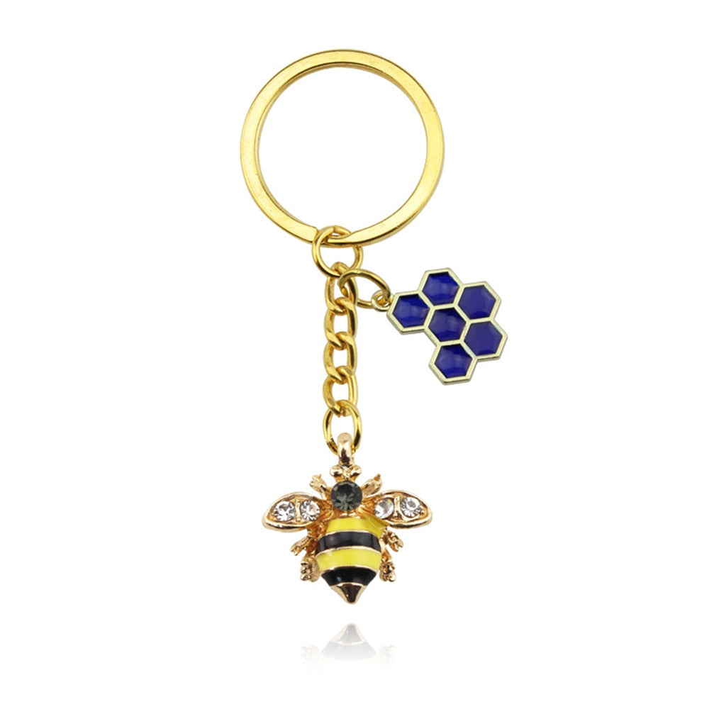 6 Styles Alloy Drip Oil Rhinestone Bee Keychain Hexagon Honeycomb Charms Key