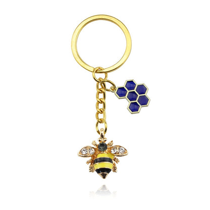6 Styles Alloy Drip Oil Rhinestone Bee Keychain Hexagon Honeycomb Charms Key