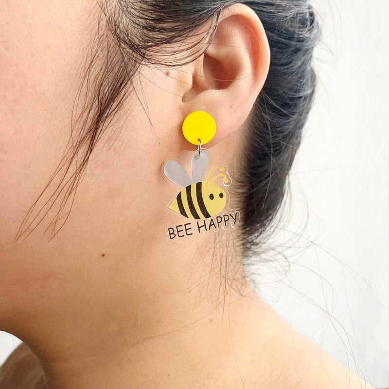 Acrylic Bee Happy Dangle Earrings Women Girl Fashion Trendy Jewelry Accessories