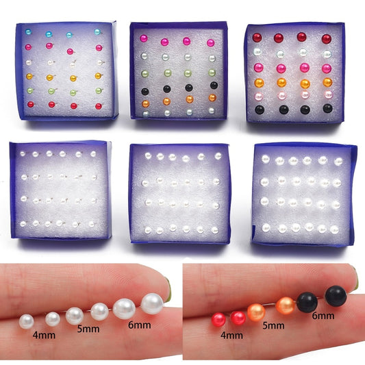 12 Pairs 6mm Mixed Color Pearl Stud Earrings Cartoon Ear Pendants Accessories