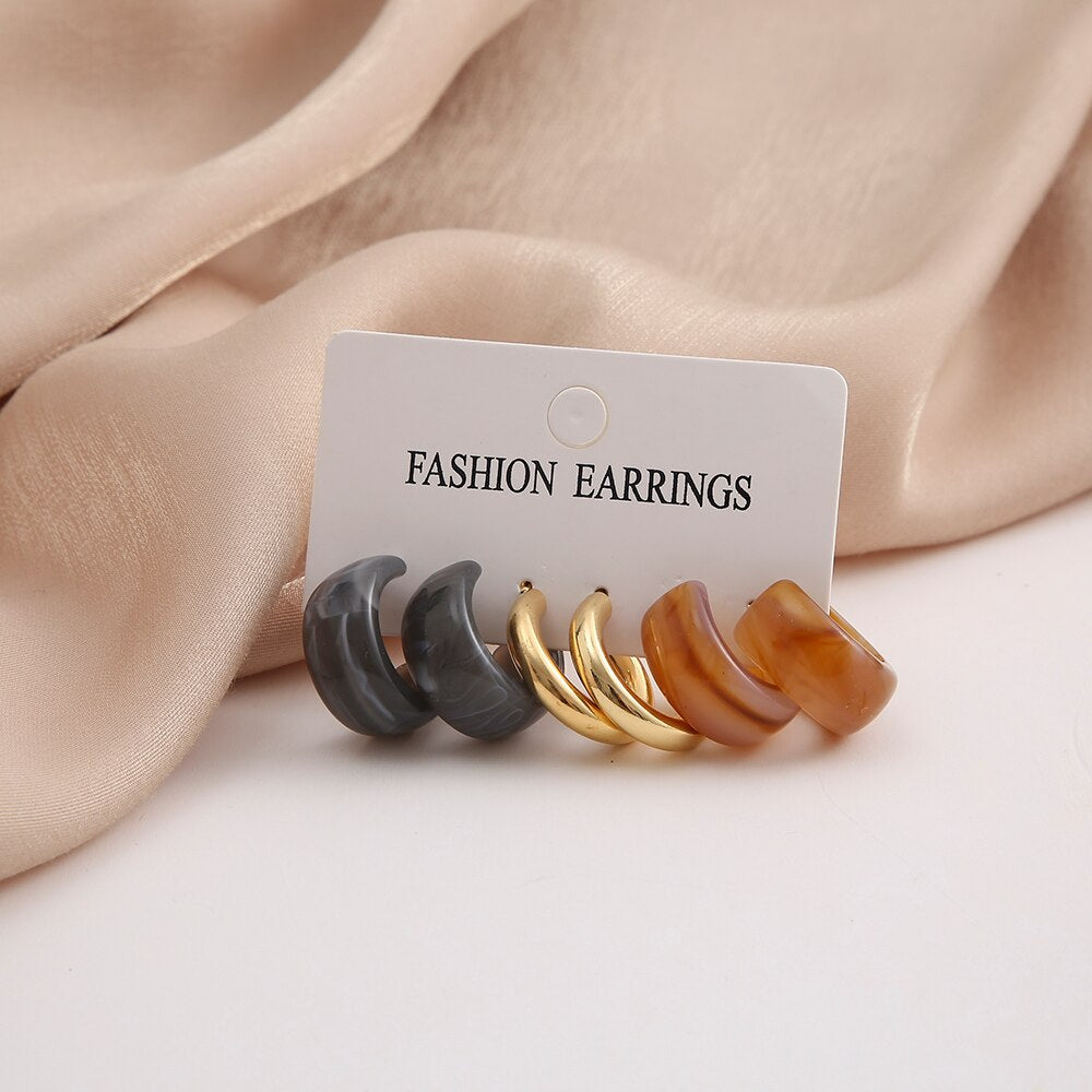 3 Pairs Brown Tone Hoop Earrings Fashion Women Summer Party Jewelry Girls Gifts