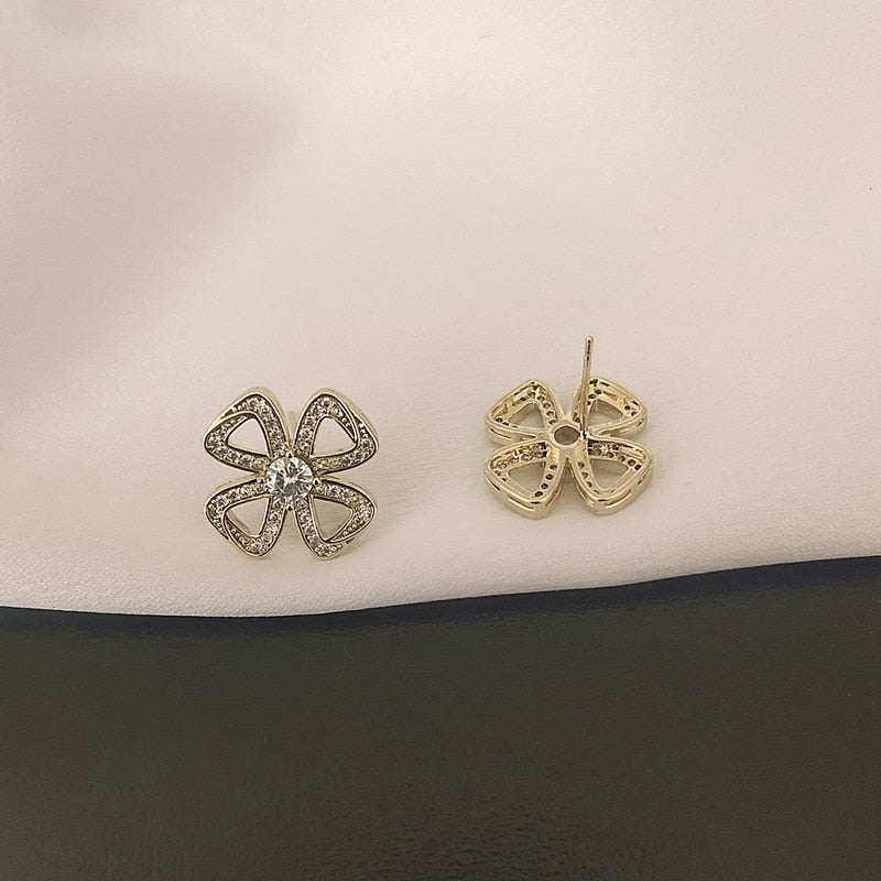 Four-Leaf Clover Earring Flower Earrings for Girl Metal Inlaid Zircon