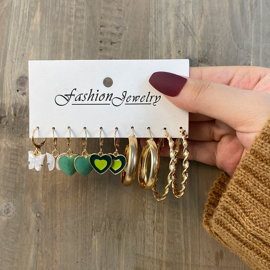 5 Pairs Green Heart Hoop Set Earrings Fashion Women Summer Party Jewelry Girls