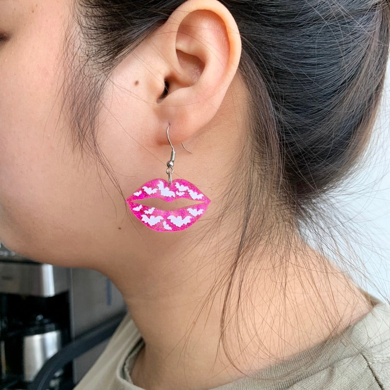 Hot Pink Glitter Lip With Bat Acrylic Drop Earrings Fashion Women Summer Party