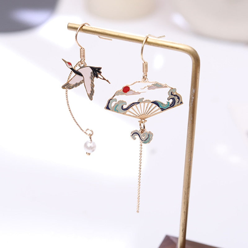 Bird and Fan Drop Earrings Women Party Wedding Jewelry Creative Gifts Earrings