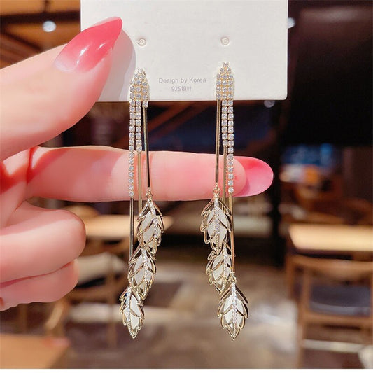 Layered Leaves Crystals Lady Cute Dangle Earrings for Women Jewelry Girls