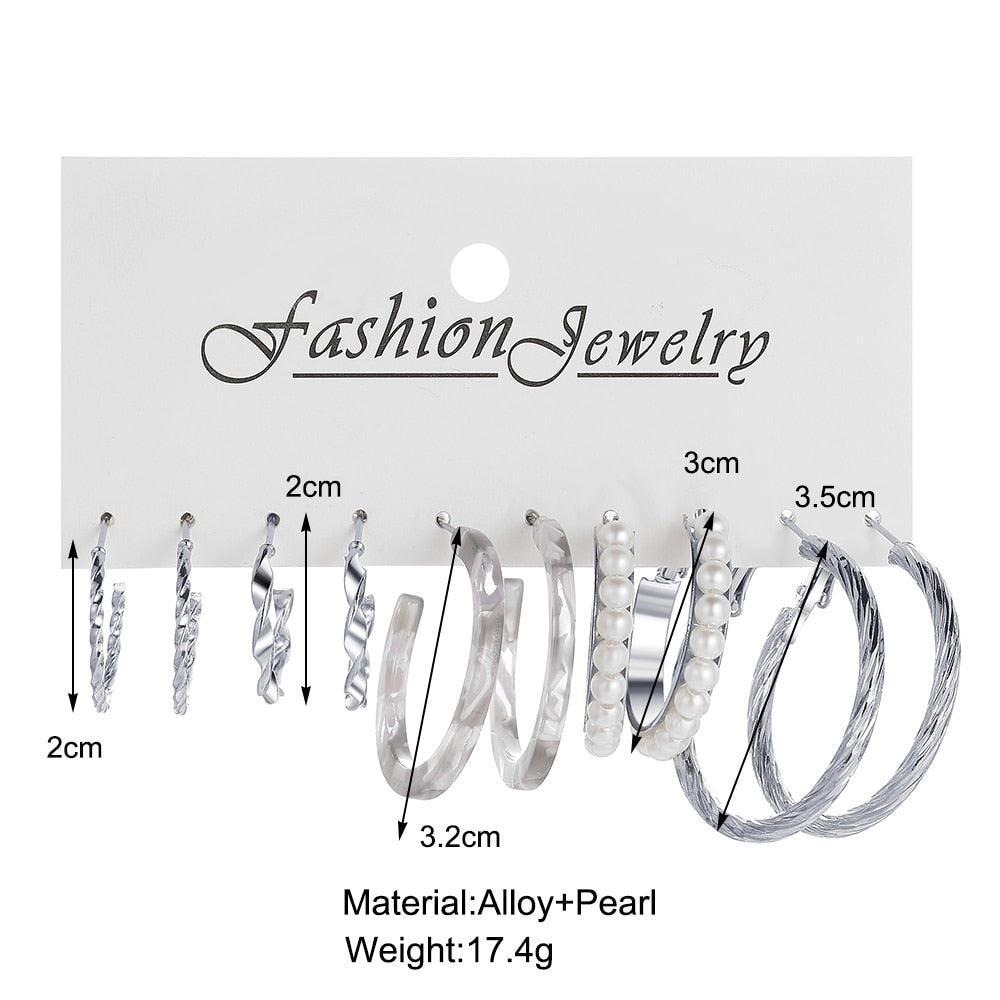 5pairs Textured Silvery Hoop Earrings Fashion Women Summer Party Jewelry Girls