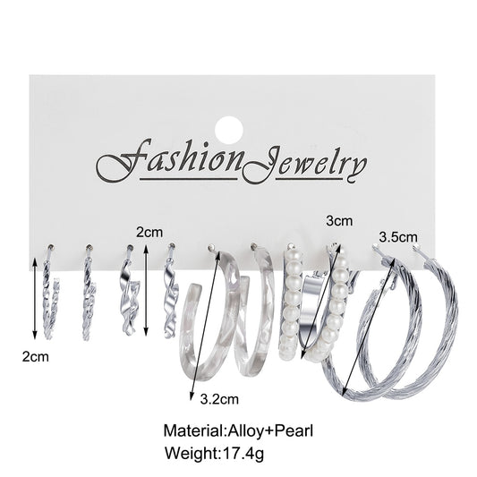 5pairs Textured Silvery Hoop Earrings Fashion Women Summer Party Jewelry Girls