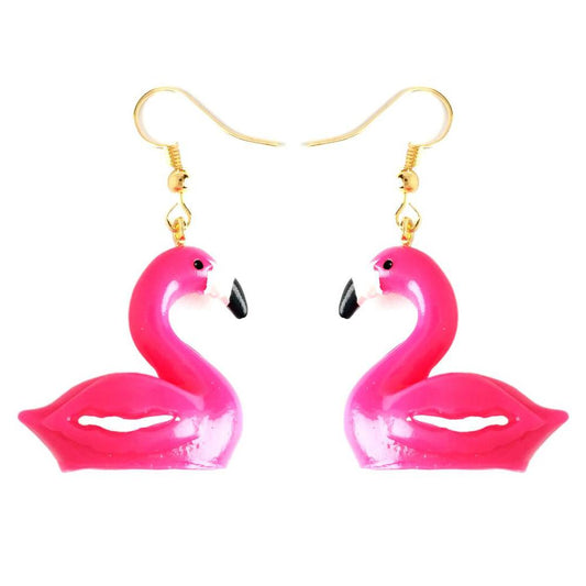 Hot Pink Flamingo Drop Earrings Cartoon Art Women Party Jewelry Ear Fashion