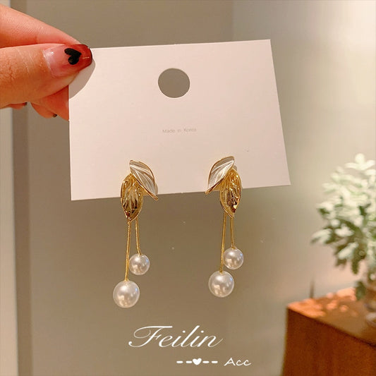 Leaf and Pearl Drop Earrings Women Girl Party Gift Fashion Ear Jewelry