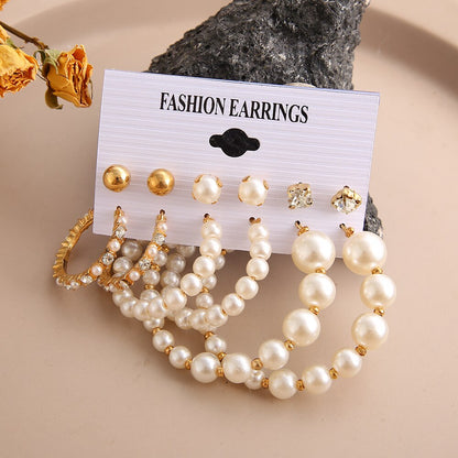 6pairs Mixed Tone Pearl Beads Hoop Earrings Fashion Women Summer Party Jewelry