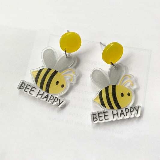 Acrylic Bee Happy Dangle Earrings Women Girl Fashion Trendy Jewelry Accessories