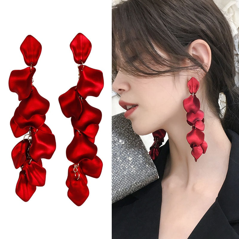 Red Petal Tassel Dangle Earrings Fashion Party Girls Pendant Earrings Women