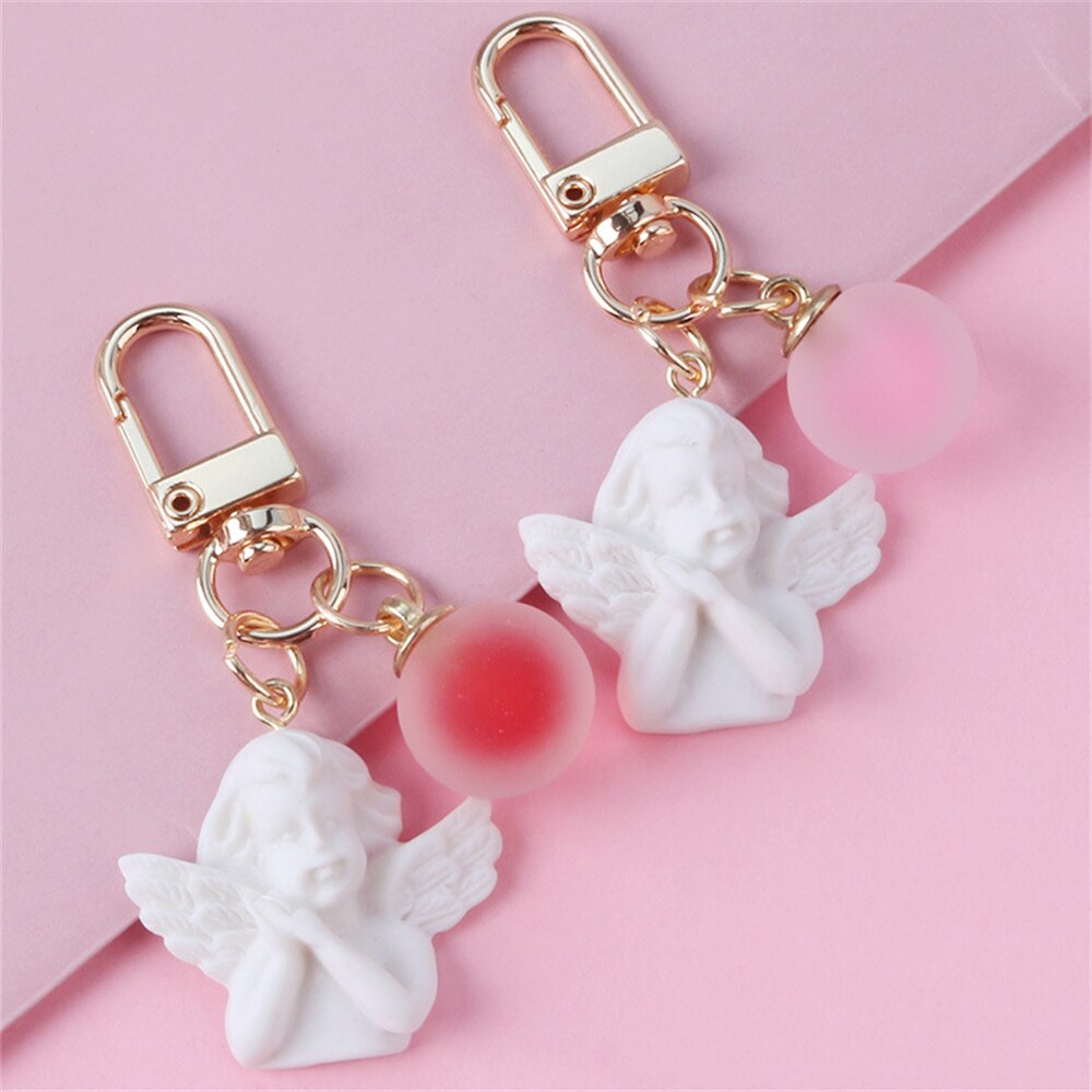 5 Colors White Angel Keychain Charms Women Cute Mini Jelly Ball Pendant Key Ring